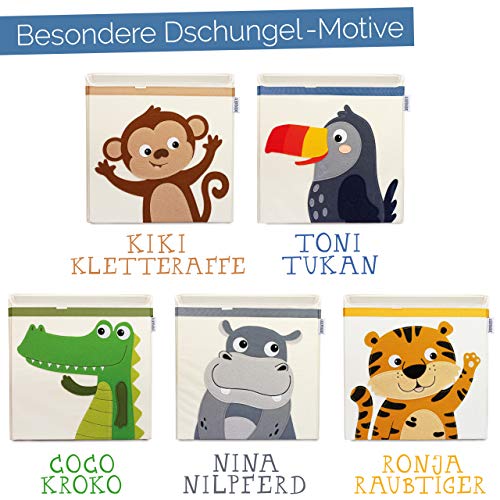 GLÜCKSWOLKE Kinder Aufbewahrungsbox - 15 Motive I Spielzeugkiste mit Deckel für Kinderzimmer I Spielzeug Box Tukan (33x33x33) zur Aufbewahrung im Kallax Regal I Dschungel Kiste (Toni Tukan)