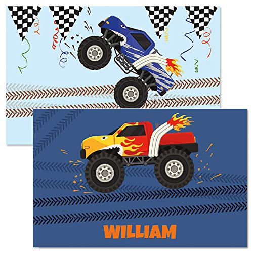 Personalized Monster Truck Kids' Placemat- 11 by 17 Inch, 2-Sided, Easy Clean Laminated Vinyl Boys Place Mat