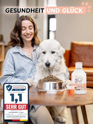 Pfotengenuss Lachsöl für Hunde Katzen &Pferde - natürliche Omega 3, 6 & 9 Quelle - für Gelenke Fell&Stoffwechsel - frisch abgefüllt in Deutschland - natürliches, hochdosiertes Lachs-Öl - Barf-Öl