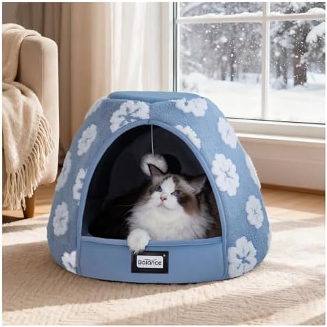 BALANCE Cat Beds for Indoor Cats, 2-in-1 Cat Bed Cave with Anti-Slip Bottom and Ultra-Soft Plush, Cozy Cats House Tent for Kittens and Small Dogs, 19 Inches, Blue