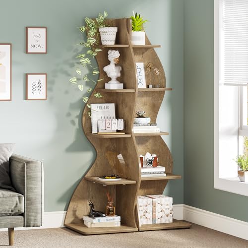 Image of Tribesigns Corner Shelf, Modern 5-Tier Wall Corner Bookshelf, Stylish Corner Small Bookcase Storage Rack Plant Stand with Unique Shape for Living Room, Home Office (Light Brown, 2PCS)