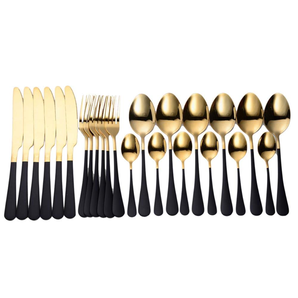 Lot de 24 couverts en acier inoxydable doré, fourchettes de cuisine, couteaux, cuillères, vaisselle, noir, doré, 6 ensembles