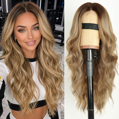Image of AISI HAIR Honey Brown with Blonde Highlights Wavy Wig with Soft Pink Ends for Women, Long Wavy Lace Hairline Middle Part Synthetic Heat Resistant Wig for Daily Party-26 Inch