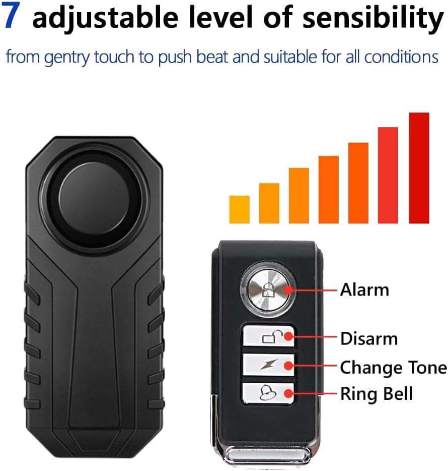 Close-up of the remote control showing four buttons labeled: Alarm (lock icon), Disarm (unlock icon), Change Tone (lightning bolt icon), and Ring Bell (bell icon).