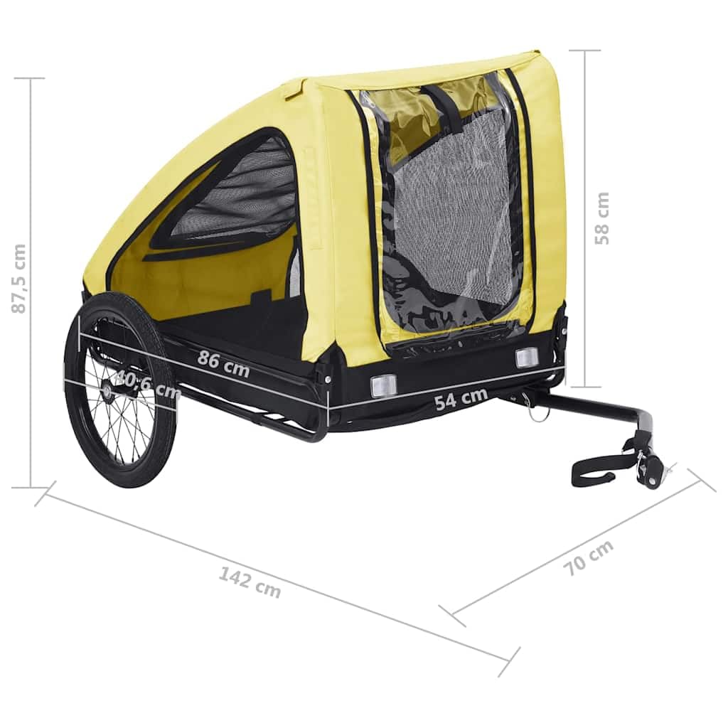 Fahrradanhänger für Hunde Gelb Schwarz mit Stahlrahmen und Oxford-Gewebe, 142x70x87,5 cm, faltbar, mit Netzfenstern und Reflektoren für Outdoor-Ausflüge und sicheren Tiertransport