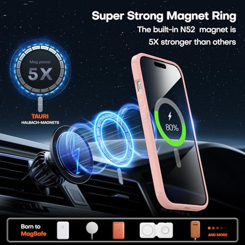 Image of TAURI for iPhone 15 Case, Compatible with MagSafe [Anti-Yellowing] with Screen Protectors, Military-Grade Protection, Shockproof Slim Magnetic Phone Case for iPhone 15 6.1 inch, Pink | with Screen Protector, Not-Yellowing Military-Grade Protection, Shockproof Slim Magnetic Case for iPhone 15
