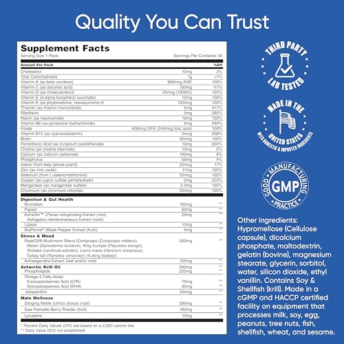 Men's Total Health Pack Daily Multivitamin Supplement, Energy, Stress Support, Krill Oil, 22 Key Vitamins & Minerals, Vit D, C, B12, E, A, B6, K, Biotin, Zinc, Astaxanthin (30 Pack) - Image 5