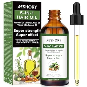 AESHORY 5 in 1 Haarolie, 100ml Haarolie met Rozemarijnolie, Ricinusolie, Avocado-olie, Arganolie, Vitamine E, Haarolie voor Haargroei, voor Haarverzorging, Voedt en Bevordert de Haargroei