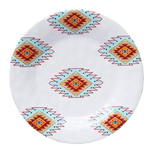 Image of Paseo Road Southwest 14 Piece Melamine Plastic Dinnerware Set with Plates, Bowls and Serving Platter, Aztec Geometric Pattern, Western Southwestern Rustic Cabin Lodge Style