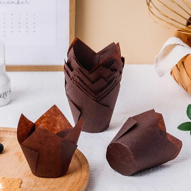 100Pcs Cupcake Liner, 5cm Diameter Tulip Cupcake Paper Cups, Food Grade Greaseproof Paper Baking Cups Muffin Liners Holders for Baking Weddings, Birthdays, Baby Showers, Brown & Beige-image-18