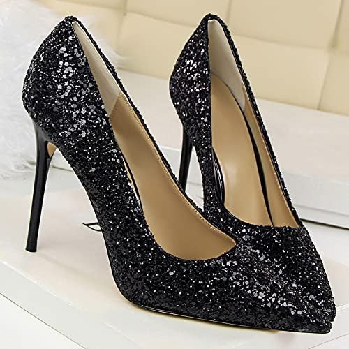 Sequined Stiletto Heels Women's Closed Pointed Toe Pumps Slip-on Sexy Fashion Wedding Dress Shoes Black 9 US | Image 3