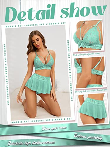 Udforsk Sexy Lingerie For Women Naughty 3 Piece Lace Bralette, Mini Skirt With G-String Teddy Lingerie Set (Green, Xx-Large) #TOP4