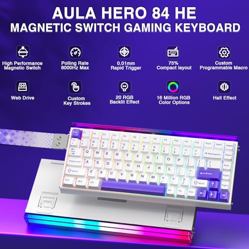 Image of Aula Hero 84 HE - 75% Mechanical Gaming Keyboard Wired, Magnetic Switches Hot Swappable Hall Effect Keyboard, Rapid Trigger Mode 8000Hz Polling Rate, RGB Neon Light Box, Gamers Keyboards for PC /Mac