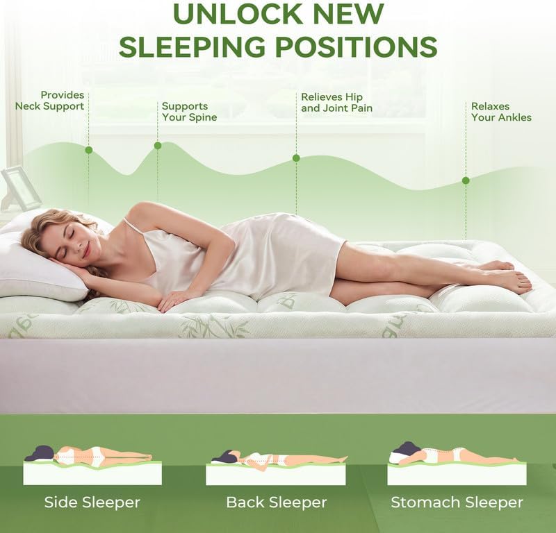 Queen Mattress Topper Viscose Made from Bamboo - Pillow Top Cooling Bed Topper for Back Pain Relief - Breathable & Naturally Cooling for Hot Sleepers, Deep Pocket Fits 8-21" Mattress,Green