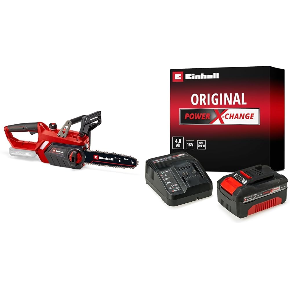 Einhell Ge-Lc 18/25 Li - Solo Piła Łańcuchowa, Czarny/Czerwony, ‎24,5 x 22,5 x 48 cm; 3,99 kg & Einhell Power X-Change Akumulator z Ładowarką, Czarny/Czerwony, ‎12,8 x 10,5 x 5,7 cm; 1,13 kg
