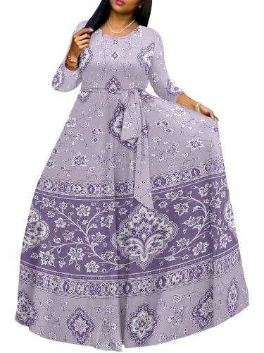 Image of Women Plus Size Long Sleeve V Neck Maxi Dress with Belt | Soft fabric relaxed fit three quarter sleeve v neck with pockets for party and daily wear