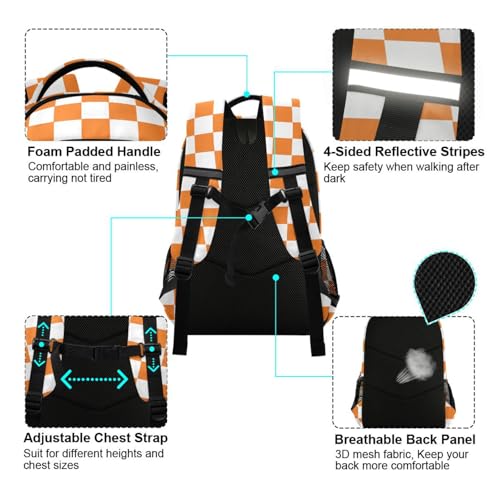 Custom Checkered Plaid Orange Backpack for Boys Girls Lightweight Personalized Bookbag for Students Elementary School Laptop Customized Daypack Rucksack for Teens Travel4