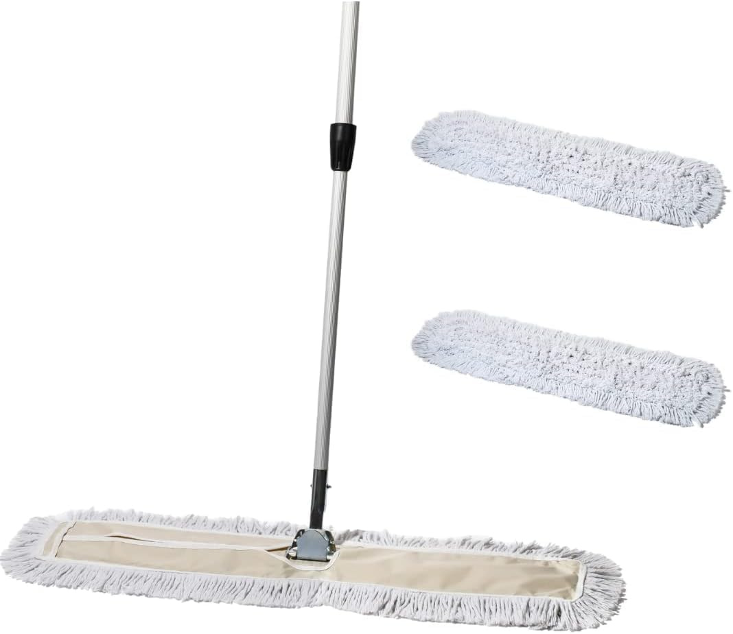 Commercial Dust Mop & Floor Sweeper Bundle, 36 in. White Cotton Dust Mop for Hardwood, Tile, Wood Floors, Reusable Head, Extendable Metal Handle - 1 Set + 2 Refills
