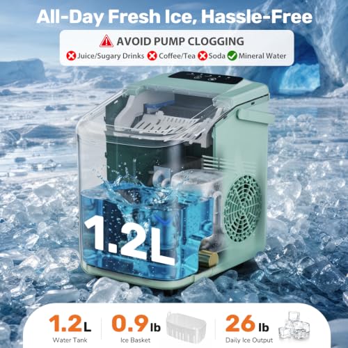 Image of Sweetcrispy Countertop Ice Maker with Scoop, Basket and Handle, Portable Ice Machine 9 Cubes Ready in 6 Mins, 26.5lbs in 24Hrs, 2 Sizes for Home Kitchen Office Bar Party