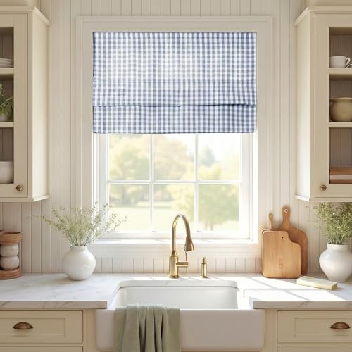 Image of TWOPAGES No Drill Cordless Buffalo Plaid Roman Shades Roman Blinds for Windows, Custom Made Room Darkening Country Checkered Blinds Farmhouse Shades, Light Blue Small Plaid, 1 Piece