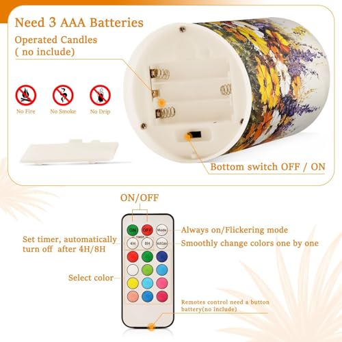 Image of Yellow White Purple Wildflowers Oil Pattern Flickering Flameless Candles LED Battery Operated with Remote Timer Pillar Candles for Home Birthday Wedding Christmas Decor, Set of 2