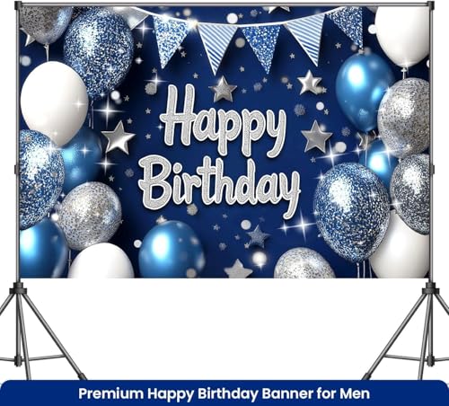 Image of Royal Navy Blue Silver Happy Birthday Banner for Men 7x5ft Happy Birthday Backdrop for Boys Royal Blue Backdrop Birthday Decorations for Men Party Banner Decoraciones De Cumpleanos