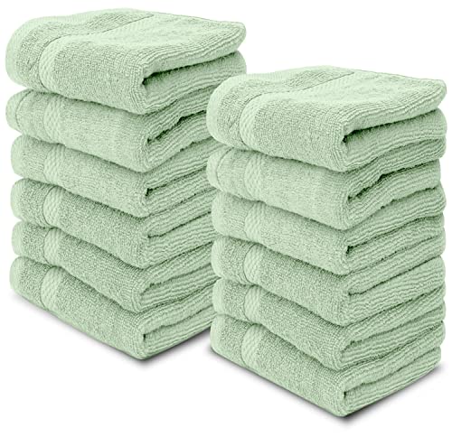 White Classic Luxury Cotton Washcloths 13x13 Inch - 650 GSM Turkish Cotton | Hotel, Spa, Bathroom Face Towel | 12 Pack, Light Green