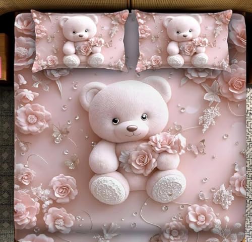 Image of Premium 7D Digital Printed Cotton Flat Bedsheet (90 X 100) Inch with 2 King Size Pillow Covers -300 TC Fabric, Design & Superior Comfort Double Bedsheet for Double Bed (Pink - Teddy Pattern)