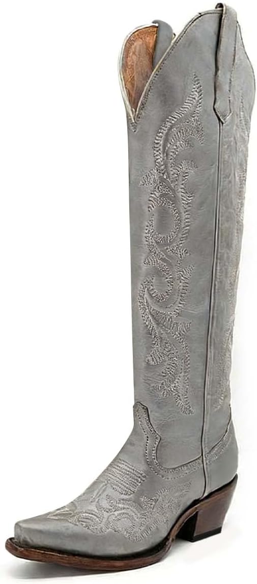 miss left Women Closed Toe Embroidered Knee High Boots Block Low Heel Side Zipper Cowgirl Long Boots Fall Winter Party Club Western Boots Size 4-16 US