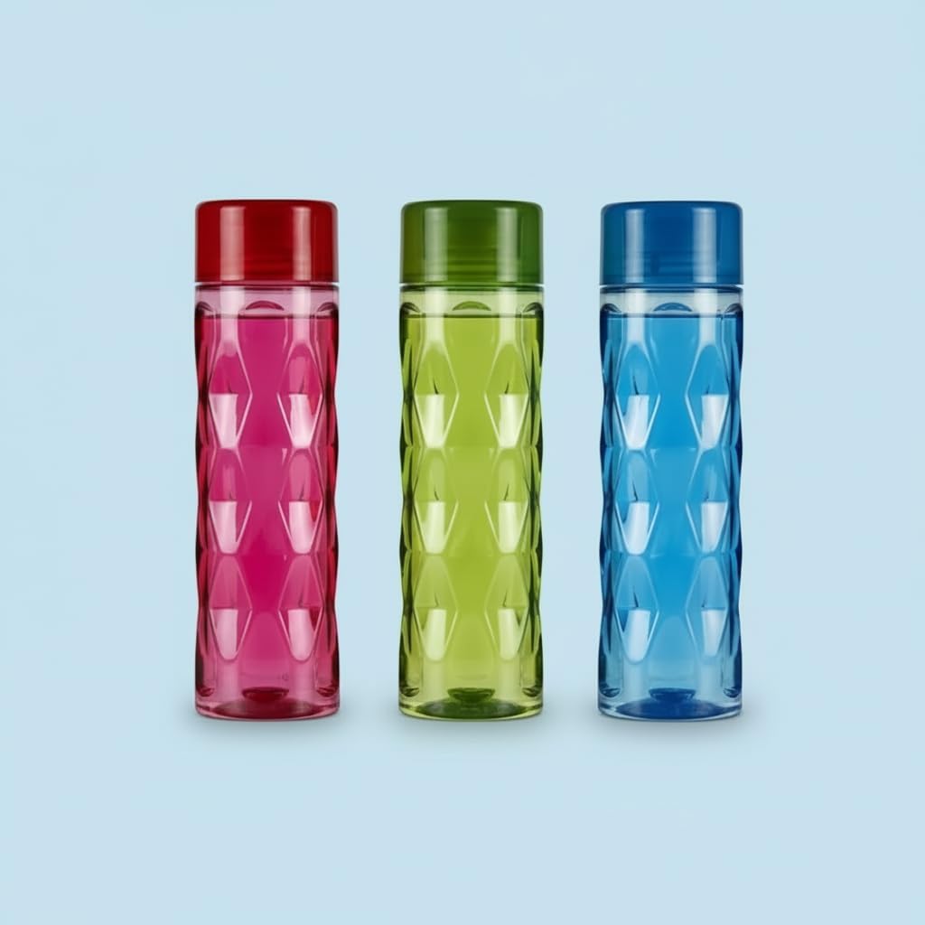 Plastic Water Bottles Set of 3 | 1 Litre Fridge Bottle Pack | Bubble Design, Leak-Resistant, Lightweight & Durable Water Bottle for School, Office, Home, Gym – 1000 ml Each