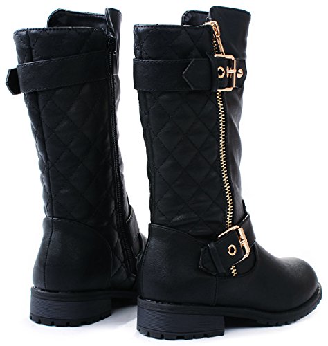 JJF Shoes Kids Girls Mango21 Black Dual Buckle/Zipper Quilted Mid Calf Motorcycle Boots-104