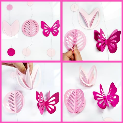 Image of Spring Party Decorations Hot Pink White 3D Butterfly Tulip Flower Leaf Circle Dot Garland Hanging Paper Streamer for Pink Spring Summer Wedding Engagement Bridal Shower Birthday Tea Party Supplies