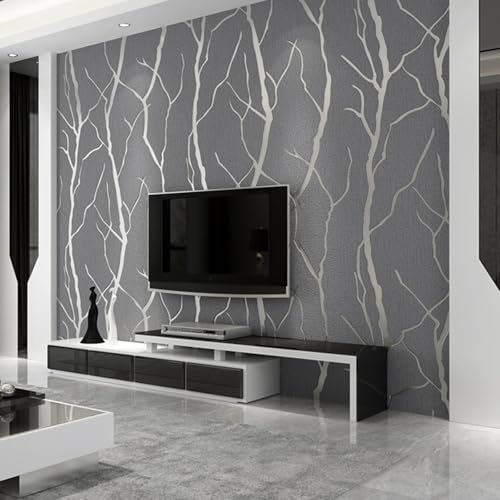 Pamatio Luxury Grey Textured Wallpaper Glitter Featuring Branch-Like Contemporary Nordic 3D Effect - Subtle Silver White Metallic Sheen - for Living Room Adult Bedroom Hallway Wall - 9.5 metres
