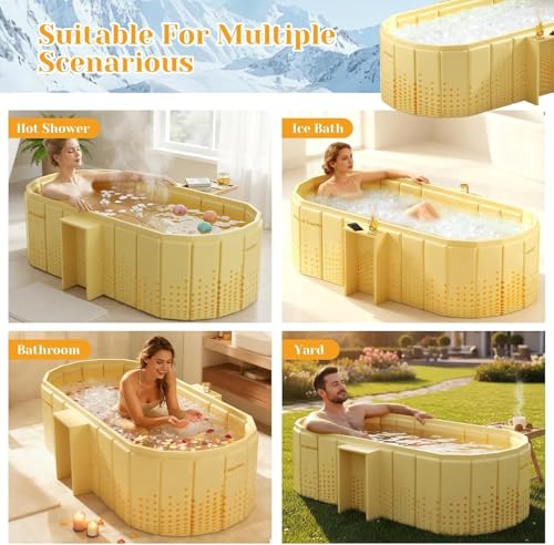 Image of Portable Foldable Adult Bathtub for Home, Large Plastic Soaking Tub with Drain Pipe, Freestanding Spa Bath Tub for Hot & Cold Bath, Balcony & Small Bathroom Use (Golden Glow Bathtub)