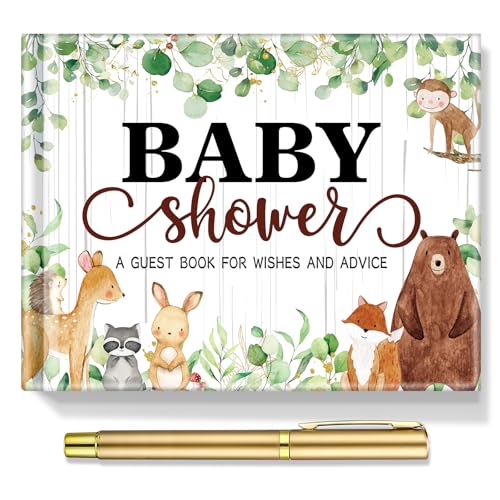Fuyoooo 27 Pcs Woodland Animal Baby Shower Guest Book Set Baby Shower Sign in Guest Floral Book Place Table Cards with Gold Pen Adhesive Photo Corner for Birthday Party