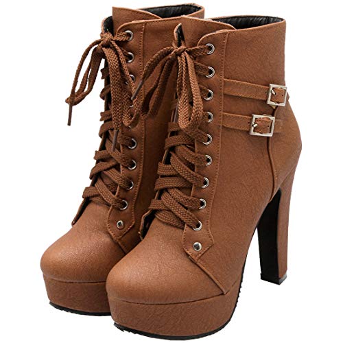 MAVMAX Women's Block Chunky Stacked Heel Ankle Booties Lace up High Heels Boots