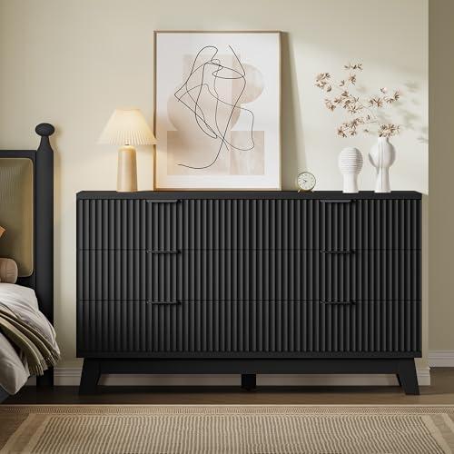 Image of BORNOON 53 inch Long Dresser for Bedroom, 6-Drawer Dresser with Fluted Fronts, Wide Wood Chest of Drawers, Smooth Metal Slides, Stable Base, Modern Clothes Storage Cabinet for Living Room, Hallway
