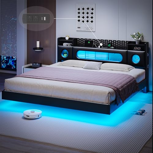 busyaeh King Floating Bed Frame with LED Lights and Storage Headboard