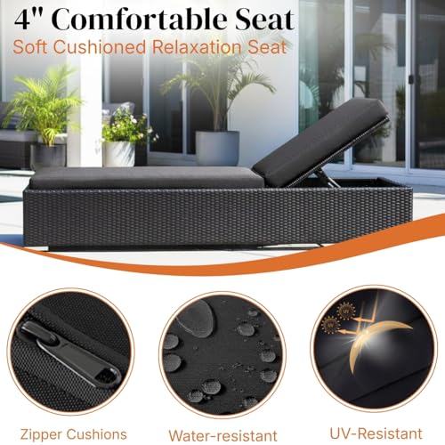 Image of DEVOKO Outdoor Rattan Wicker Sun Lounger Recliner for All Weather Comfort with Durable Metal Frame Ideal for Garden, Deck, Lawn, Poolside (Black)