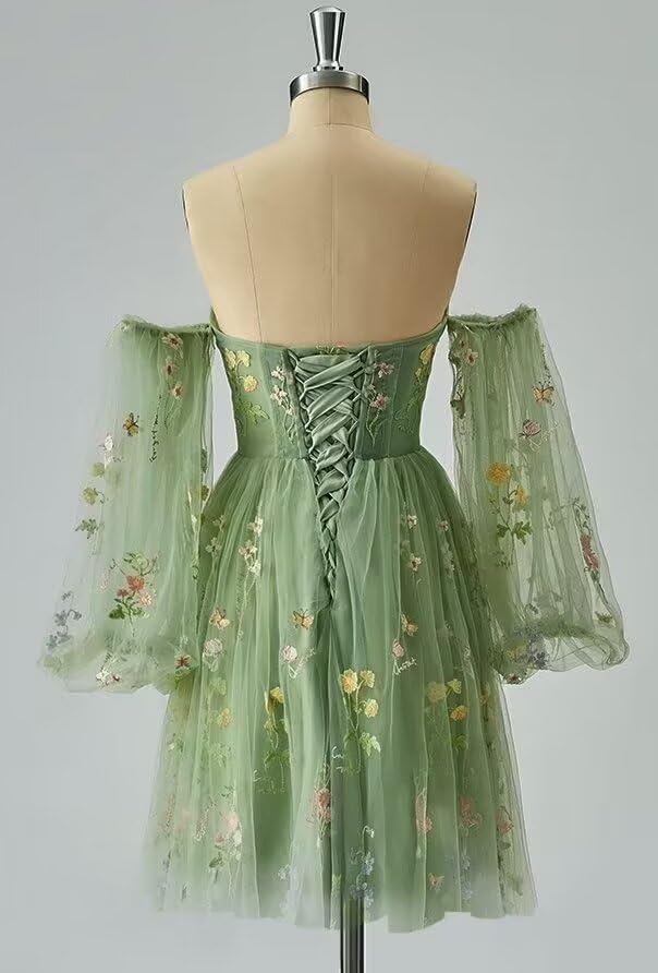 UZN Women's Puffy Sleeve Flower Embroidery Tulle Homecoming Dresses Short for Teens Mini Formal Prom Gowns2