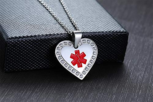MEALGUET Personalized Custom Stainless Steel CNC Cubic Zirconia Heart Shape Medical Alert ID Pendant Necklace for Women with Chain4