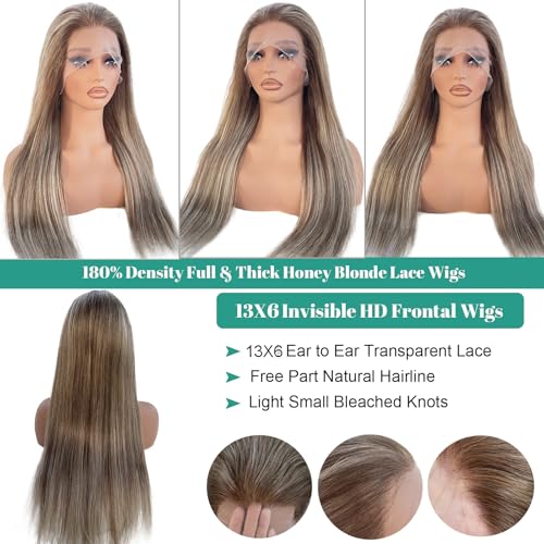 Image of Munx Balayage Blonde Human Hair Wigs for Women Full Ends 13x6 HD Transparent Glueless Wigs 100% Real Human Hair Ombre Golden Brown and Blonde Highlighted Lace Front Wig Pre Plucked Hairline 22 inch