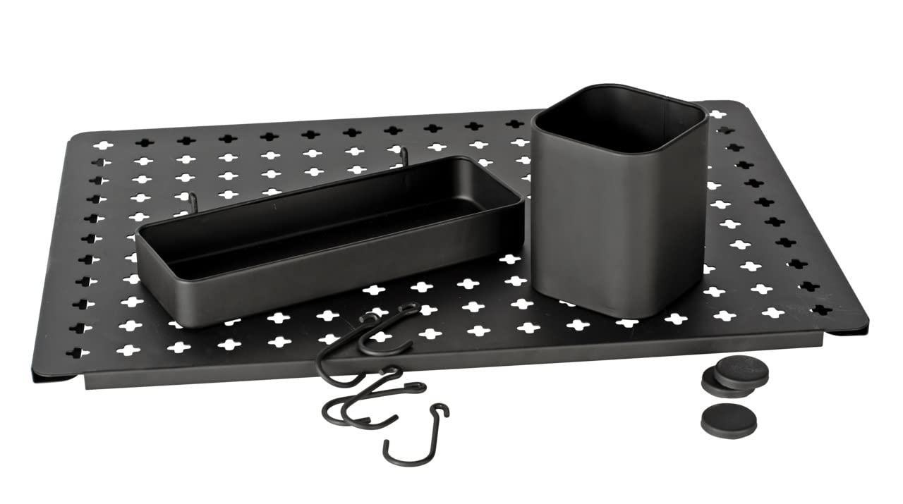 WENKO Memoboard Schreibtisch Organizer Schwarz | Wandorganizer für Küche, Büro, Flur | Lochplatte Metall Set 3 Magneten, 5 Haken, 2 Behälter