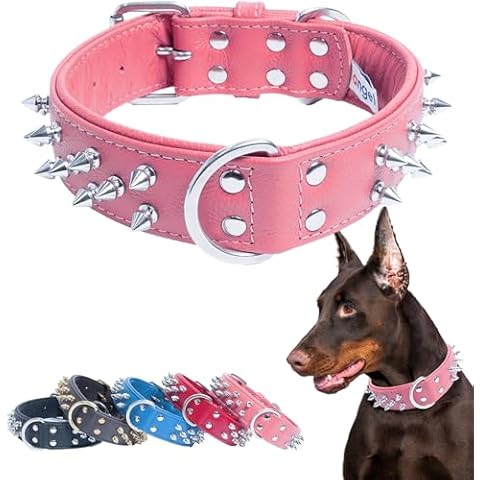 Angel Pet Supplies - Amsterdam Spiked Dog Collar, Genuine Leather Dog Collar for Large Dogs to Extra Large Dogs, Water-Resistant, Thick Dog Collar with D-Ring, Bubblegum Pink Collar, 24 x 1.5 inches Cover