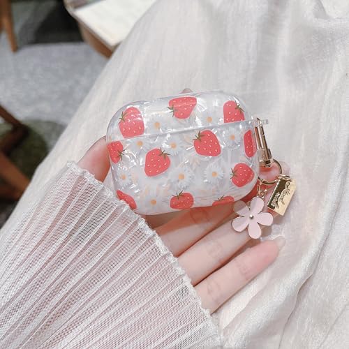 Image of MINSCOSE for Cute Glitter AirPods Pro 3 Case,Shell Pattern Girly Strawberry Design with Trendy Floral Keychain,Soft TPU Protective Cover with Cleaner Kit for Girls Women for AirPods Pro 3-Red
