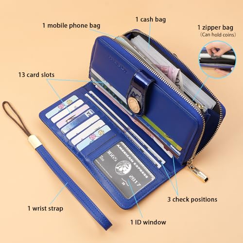 Ladies' fashionable leather wallet, large capacity with multiple card slots, zipper and snap closure, RFID shielded credit card holder for protection, long wallet with wrist strap (Blue)2