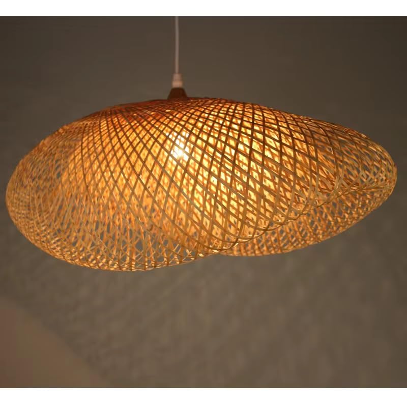 Image of Boho Woven Rattan Disc Pendant Light|Decorative Wooden Handwoven Hanging Lamp for Dining, Cafe & Living Room Decor
