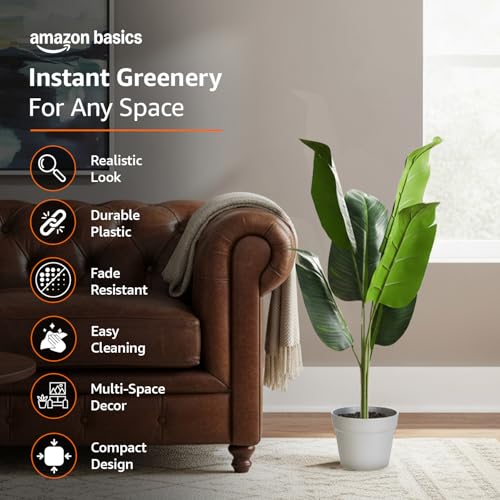 Image of amazon basics Artificial Bird of Paradise Plant in Light Grey Plastic Pot | 88cm Faux Greenery | Durable Plastic | Stylish & Compact | Zero Maintenance | Indoor, Outdoor, Home & Office Decor