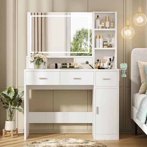 Hayiodda Vanity Desk with Mirror and Lights, White Makeup Vanity with Adjustable LED Mirror, Small Vanity Table with Charging Station & Storage
