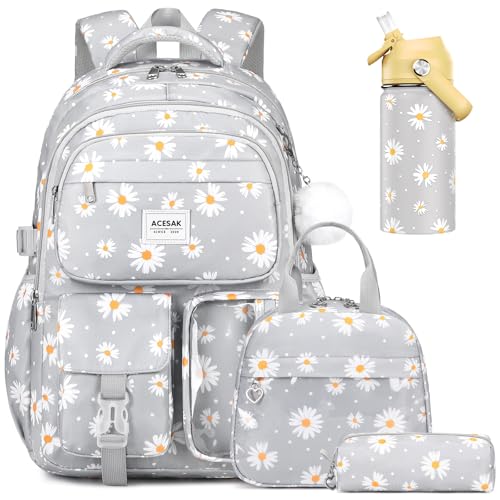 Backpack for Girls with 14oz Insulated Water Bottle, Girls Laptop Backpack for Teen Women, Termos Kids Water Bottle Stainless Steel, Lunch Bag & Pencil Pouch, Back To School Gift (Gray Daisy)